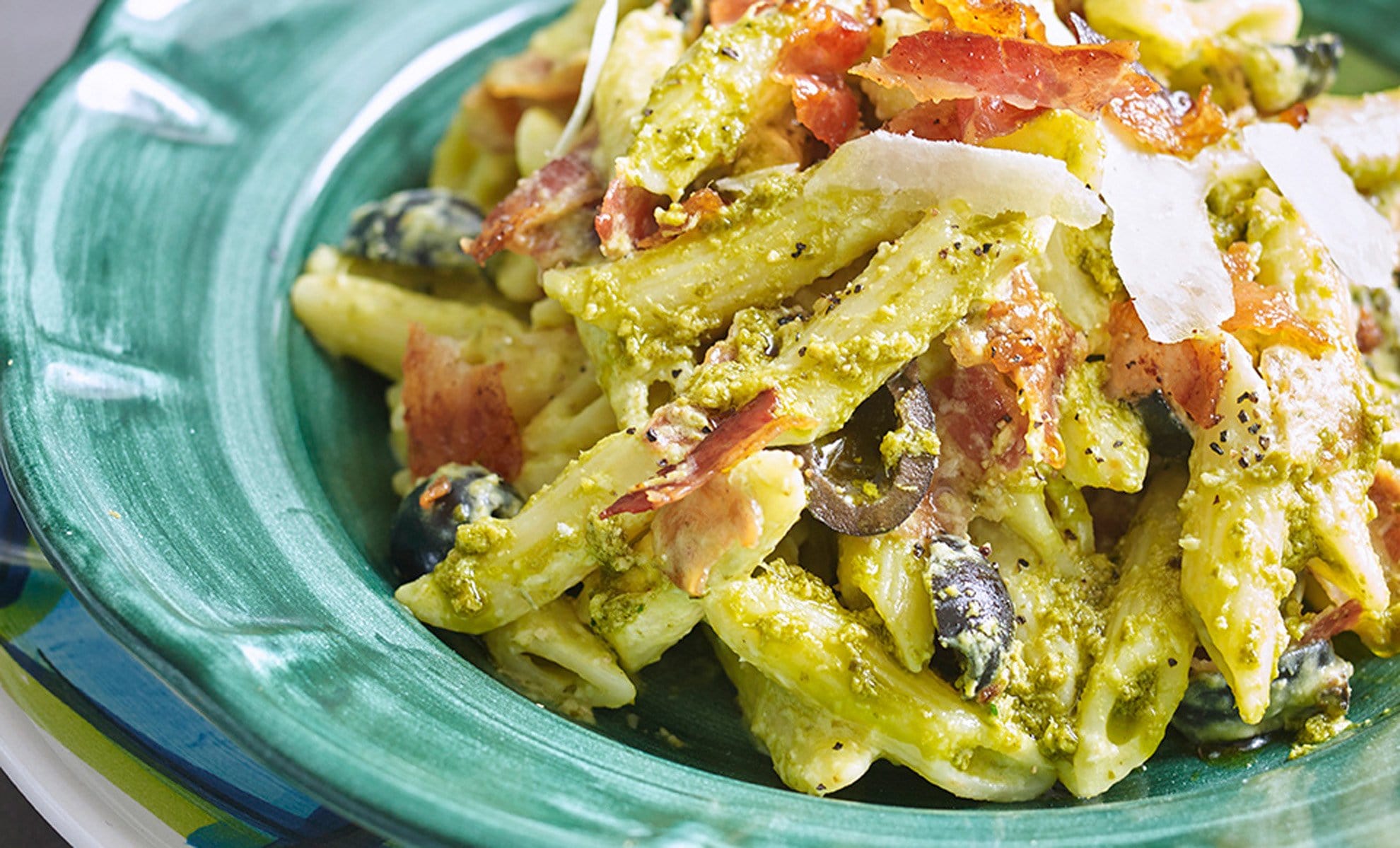 Penne with Basil Pesto Pancetta Parmesan