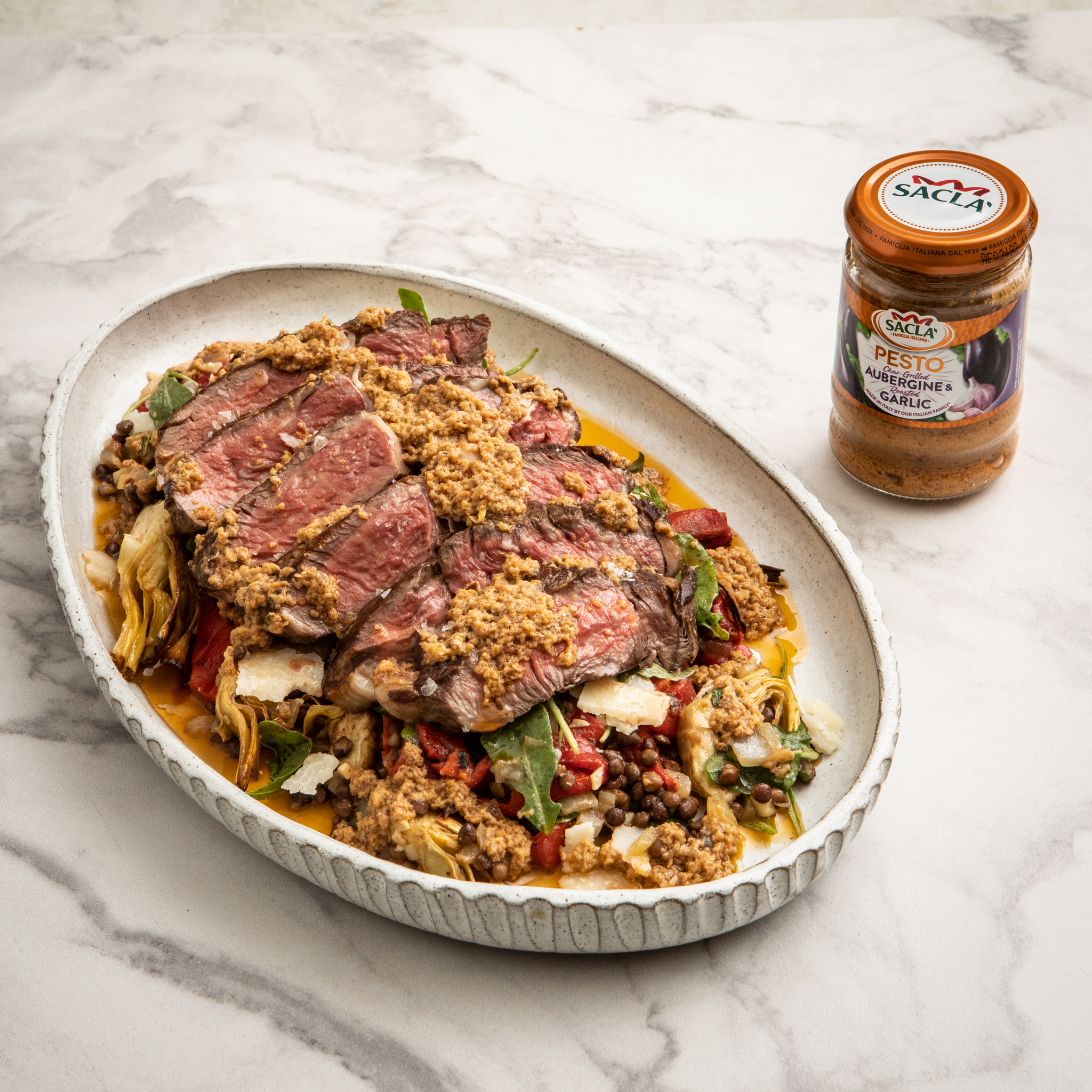 Steak and Lentil Salad with Char-Grilled Aubergine & Garlic Pesto