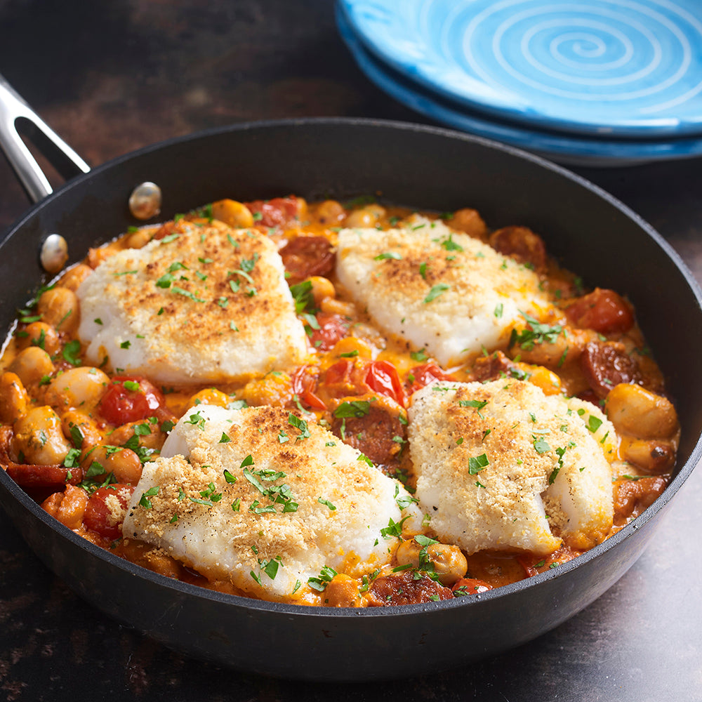 Baked Cod with Butterbeans and Tomato & Ricotta Pesto