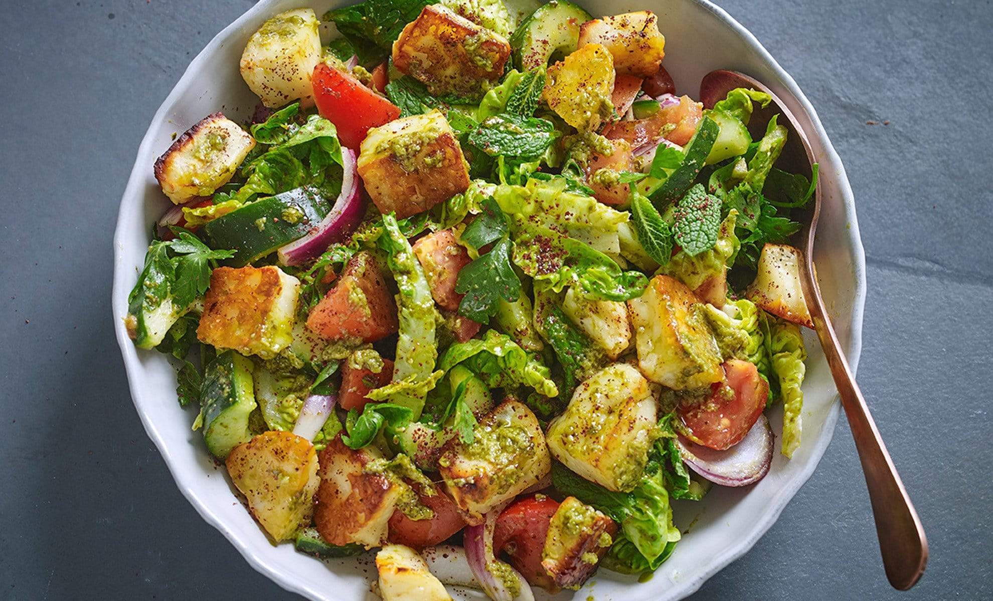 Fattoush Salad with Halloumi and Coriander Pesto Dressing Recipe | Sacla'