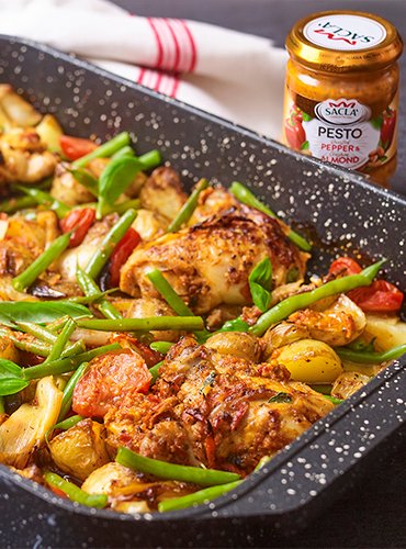 Roasted Pepper Pesto Chicken Traybake recipe