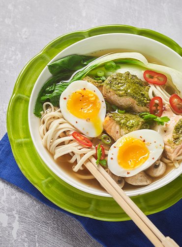 Pesto Salmon Ramen with Soft Boiled Eggs