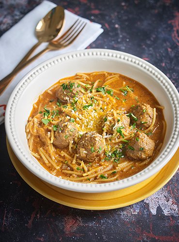 Pesto Spaghetti Meatball Soup