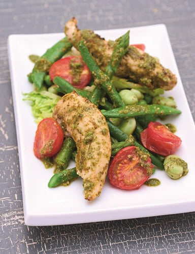 Primavera Salad with Basil Pesto Chicken