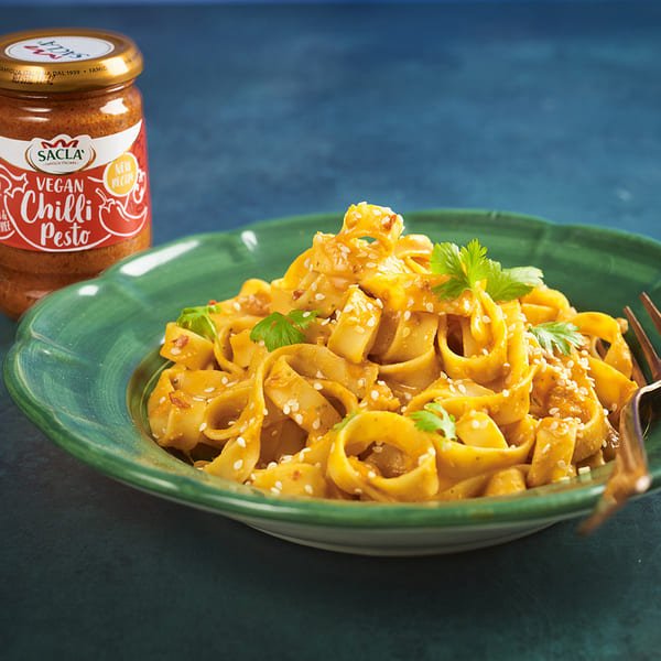 Spicy Peanut Butter Pasta Recipe with Sacla' Vegan Chilli Pesto