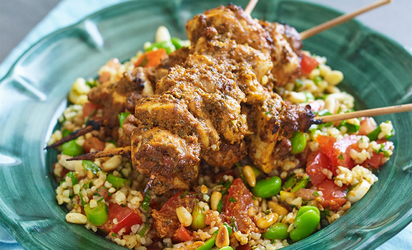 Tomato Pesto Chicken Skewers with Broad Bean Tabbouleh