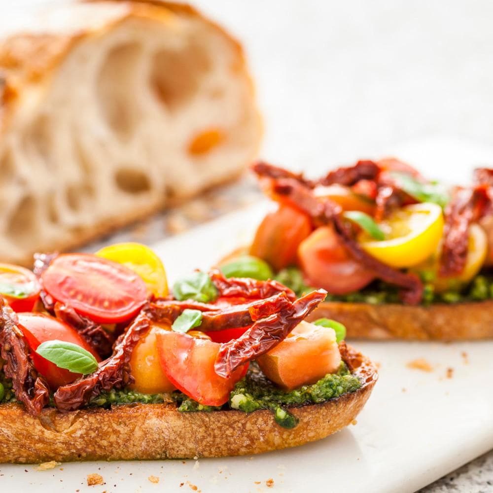 Bruschetta meal made with basil Pesto